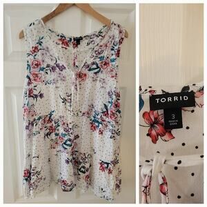 Torrid White Floral Babydoll Tunic Top Sz 3X Sleeveless Neck Tie Peplum Office